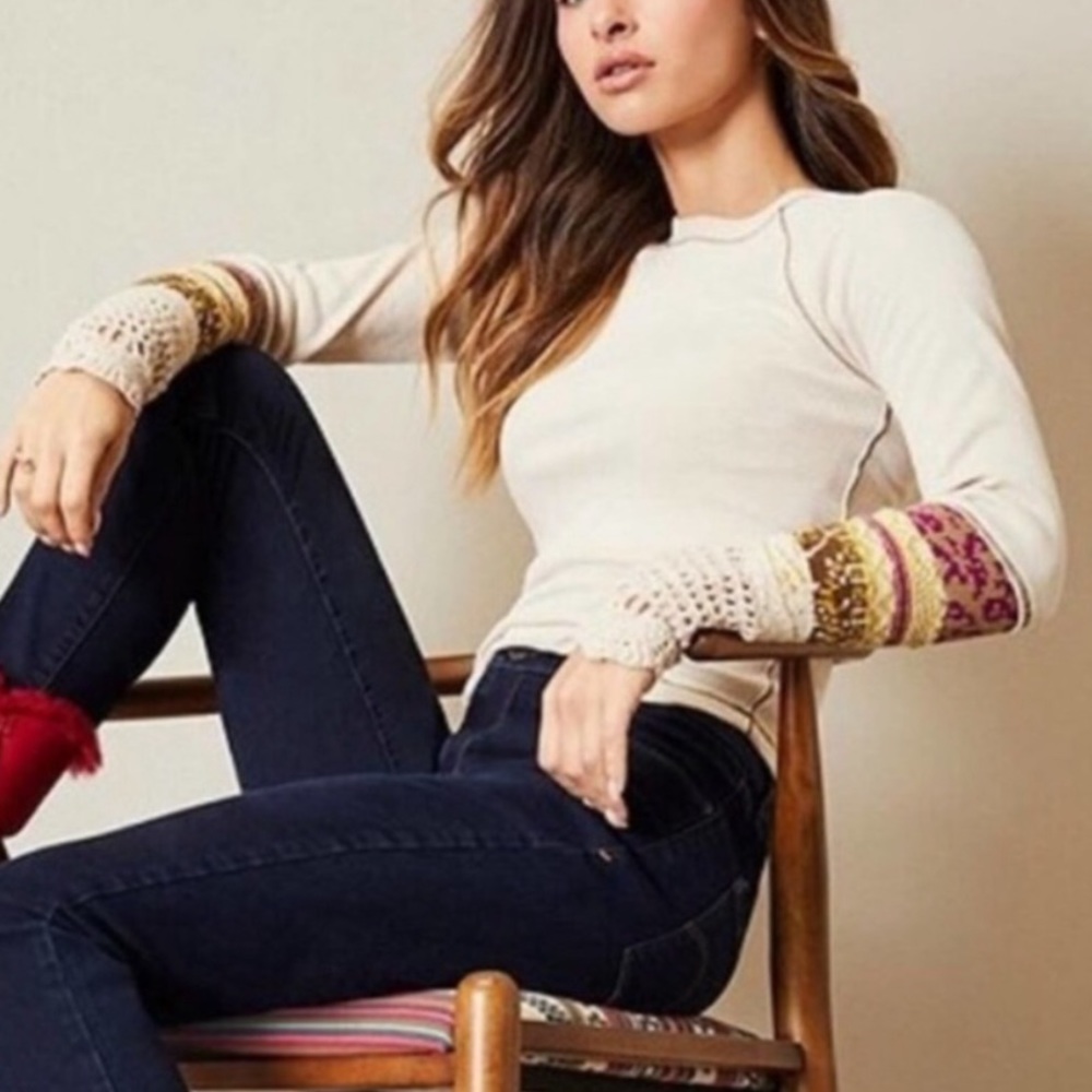 Free People Mix Cuff Linen Combo Sweater